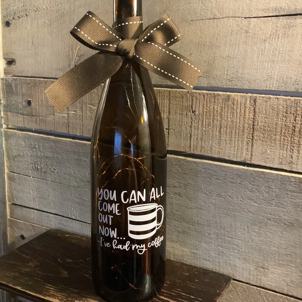 OOAK, Hand Crafted- Coffee logo brown Wine Bottle lantern